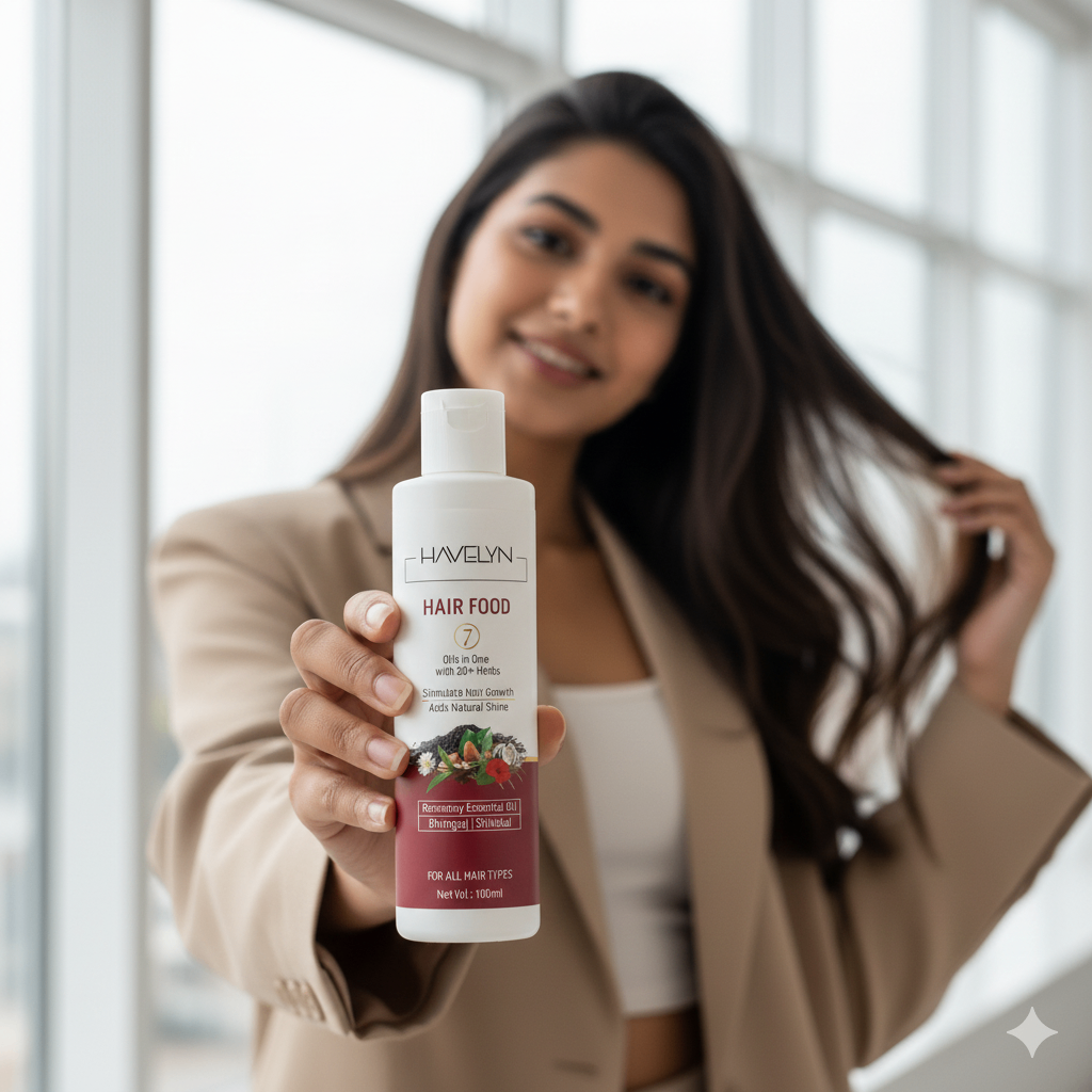 A woman with long, healthy hair holding a bottle of HAVELYN Hair Food. The image demonstrates the product's results for all hair types, emphasizing a natural shine and hair growth powered by rosemary and Ayurvedic oils.